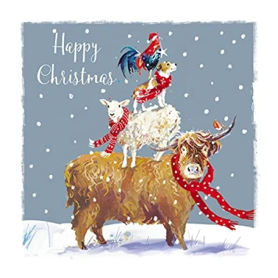 Image of Ling Design Pack of 6 Charity Christmas Cards &#039;Festive Farmyard&#039; Highland Cow &amp; Sheep in the Snow 1 Lovely Design, Multi, 146 x 14mm
