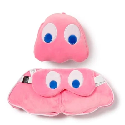 Image of Relaxeazzz Pac Man Pink Ghost Shaped Travel Pillow &amp; Eye Mask Sleep Masks Kids Accessories For Sleeping Airplane Flight Plane Neck Pillows