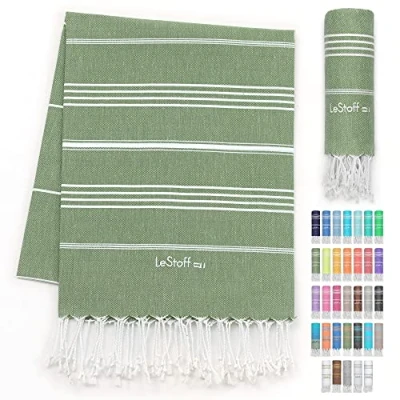 Image of LeStoff Turkish Hammam Towel Quick Drying &amp; Lightweight Peshtemal for Beach, Sauna, Bath, Travel, Yoga Camping Sand Proof Blanket 100% Organic Cotton Eco Friendly (95 x 180 cm, Olive)