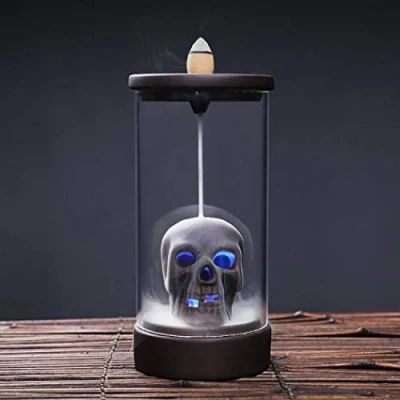 Image of Incense Burner, Backflow Holder Ceramic Cones Burner Stick Skull Waterfall Home Decor Handicraft Gift with 10 Free