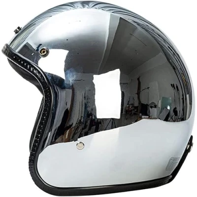 Image of Retro Motorcycle Half Helmet, German Style Mirror Silver Chrome Vintage 3/4 Motorbike Open Face Street Pilot Scooter Crusier Moped Electric Moto Helmets Summer DOT ECE Certified