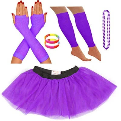 Image of REDSTAR FANCY DRESS® Neon Tutu Skirt Leg Warmers Fishnet Gloves Necklace Beads and Wrist (8 12 UK, Purple)