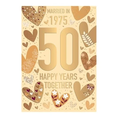 Image of Words &#039;n&#039; Wishes 50th Anniversary Card Happy Golden 50 Years with Married in 1975 Love Hearts Design Embossed Foil Details For a Special Couple or Someone