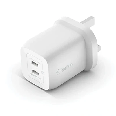 Image of Belkin 65W Dual USB Type C Wall Charger, fast Charging Power Delivery 3.0 with GaN Technology, Plug charger for iPhone 16, 15, 14, iPad, MacBook, Samsung Galaxy S24, Pixel and more White