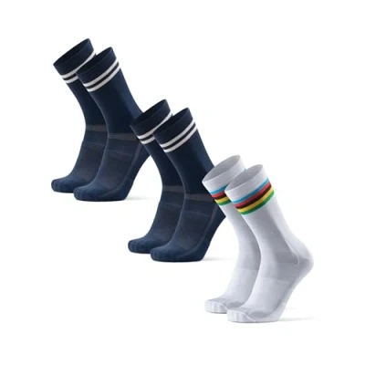 Image of DANISH ENDURANCE Performance Crew Cycling Socks, Cushioned Bike for Men &amp; Women, Unisex, 3 or 5 Pack, MC (2xNavy/Stripes, 1xWhite/Stripes), 6 8