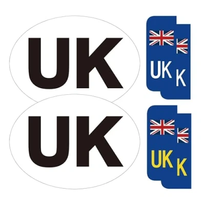 Image of Tek Automotive 6 Pcs UK Car Stickers Set: 2X Oval &amp; 4X Number Plate Stickers, Gloss Laminated Self Adhesive Waterproof Vinyl, for Cars Driving in Europe, France, Post Brexit Travel