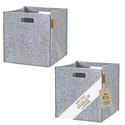 Image of MIQIO® Design Storage Box Made of Felt Fabric, Set 2 Baskets, Folding Box, 30 x cm, Organiser Boxes Suitable for Kallax Shelf, Light Grey Black