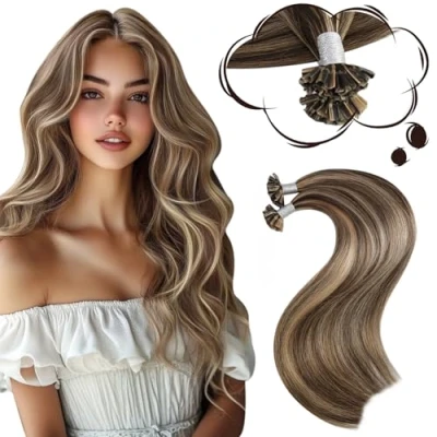 Image of Moresoo U Tip Human Hair Extensions Dark Brown with Caramel Blonde 20 Inch Straight Natural Wave 1g/s 50g/Pack #P4/27