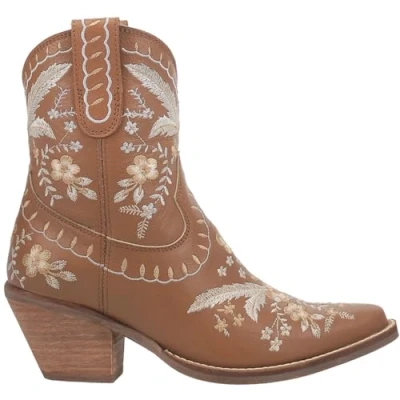 Image of Dingo Womens Primrose Metallic Embroidered Floral Snip Toe Casual Boots Ankle Mid Heel 2 3&quot; Yellow, Brown, 6 UK