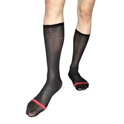 Image of NIHENHAO Mens Nylon Sheer Suit Socks Business Dress Contrast Color Striped See Through Formal Over the Calf Stockings