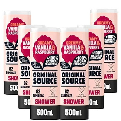 Image of Original Source Vanilla Milk and Raspberry Shower Gel, 100 Percent Natural Fragrance, Vegan, Cruelty Free, Paraben Bulk Buy, Pack of 6 x 500 ml