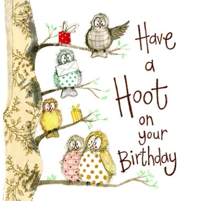 Image of Alex Clark Have A Hoot Happy Birthday Foil Card Owls Birds Tree Present Animal Greetings Cards for Designed and Printed in the UK