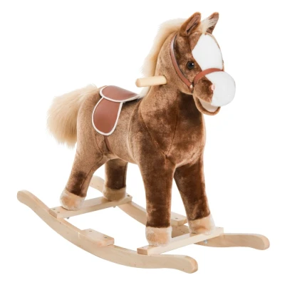 Image of HOMCOM Kids Children Plush Rocking Horse Wooden Base Ride On Toy Rocker with Handle Grip Traditional Fun Gift for Age 3+ (Brown)