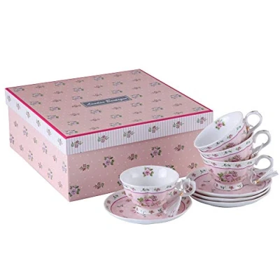 Image of London Boutique Tea cup and Saucer Set 4 Afternoon Shabby Chic Vintage New Bone China Porcelain Rose Flora Gift (Rose Pink)