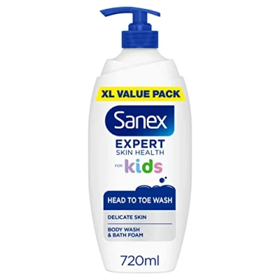 Image of Sanex Expert Skin Health Head to Toe Kids’ Body Wash 720ml, protects delicate skin, children’s shower gel, gently cleanses, 12h hydration, dermatologically tested, paediatrician approved