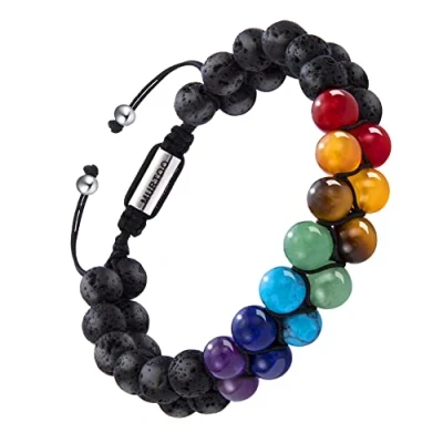 Image of murtoo Natural Stone Bracelet for Men Essential Oil bead Adjustable Yoga Diffuser (7 chakra &amp; Lava, 8mm)