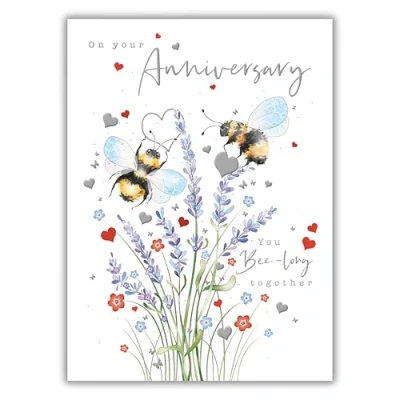 Image of Noel Tatt Wedding Anniversary Card Bumblebees and Lavender with Silver Foil Eco Friendly &amp; Recyclable