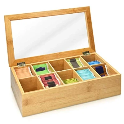 Image of Navaris Bamboo Tea Box Chest Organiser with 10 Compartments for Bags Wooden Case Container Transparent Lid Individual Bag Storage