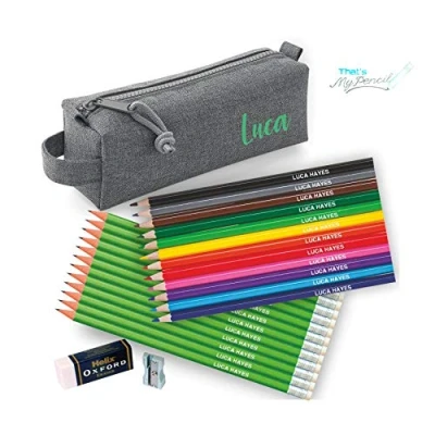 Image of Personalised Marl Grey Block Pencil Case with 12 Colouring Pencils, Matching HB Pencils Erasers Plus Helix Oxford Sharpener and Eraser Printed in UK by &#039;That&#039;s My Pencil&#039; (Mint)