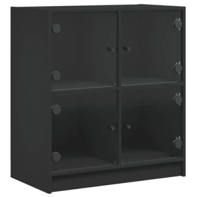 Image of vidaXL Black Side Cabinet with Glass Doors Engineered Wood Storage Cupboard for Living Room/Bedroom, 68x37x75.5 cm