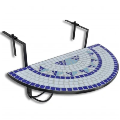 Image of vidaXL Hanging Balcony Table in Semi circular Design Blue &amp; White Mosaic Ceramic Tile with Durable Iron Frame Foldable Side to Enhance Exteriors.