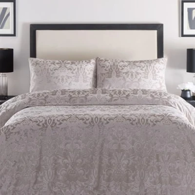 Image of Laurence Llewelyn Bowen Linen Embossed Damask Duvet Cover Super King Bedding Size (260 x 220cm) 2 Pillowcases Cream Velvet Luxury Set Jacquard