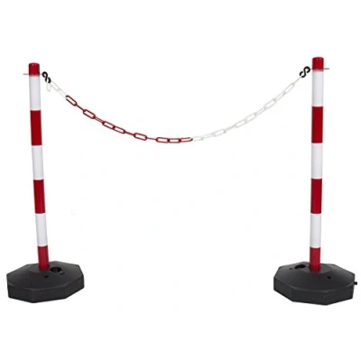 Image of Red &amp; White Plastic Chain 2 Post Set Demarcation Safety Barrier Pole with Base and 3mtr