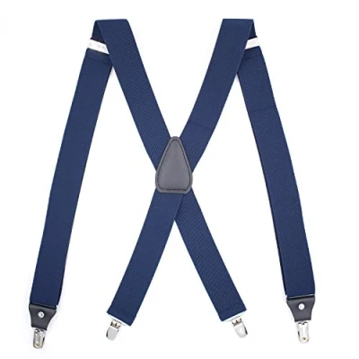 Image of PlayCool WannGe Mens Suspenders Adjustable Elastic Heavy Duty 1.4 Inch Wide X Shape 4 Strong Clips Suspender Braces Navy Blue