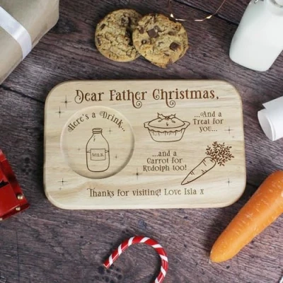 Image of eBuyGB Personalised Father Christmas Eve Tea &amp; Biscuits Board, Treat, Mince Pie, Milk, Carrot, Plate for Santa Claus