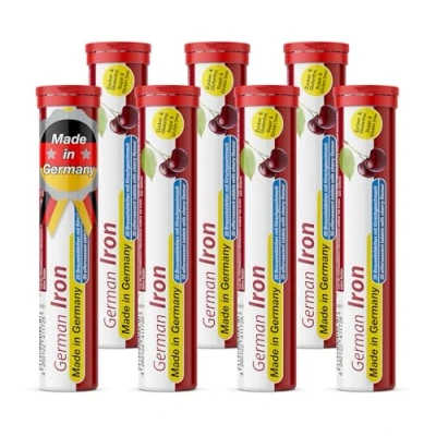 Image of German Iron Drink Effervescent Tablets 140 Servings Cherry Flavour 14 mg Iron, Sugar Free, Vegan T&amp;D Pharma Made in Germany