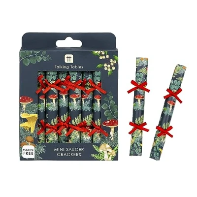 Image of Talking Tables Handmade Eco Friendly Saucer Christmas Crackers Mini Mushroom Themed Design Contains Joke/Questions Plastic Free Recyclable Tableware for Xmas, Boxing Day, Size 13cm Pack of 8