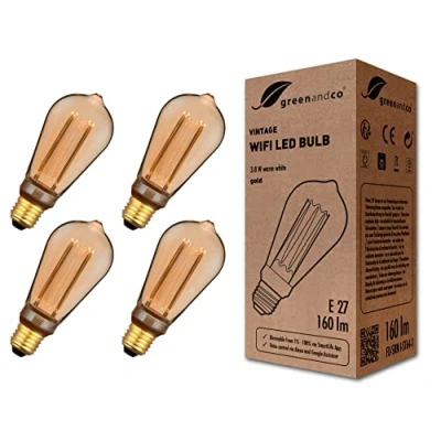 Image of greenandco 4X WiFi Smart LED Bulb (no hub Required) Vintage Design E27 ST64, 3.8W 160lm 1800K 320 230V, no Flicker, dimmable, Compatible with Alexa and Google Assistant