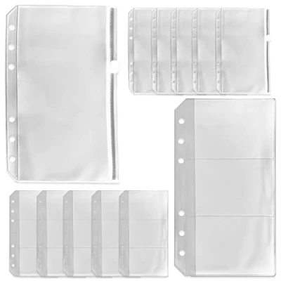Image of 12PCS A6 Size Binder Pockets, Zipper Pocket, 3 Pockets Storing Bag, Two Types, Clear 6 Hole Folders, Waterproof PVC Loose Leaf Bags for Home Office School Supplies