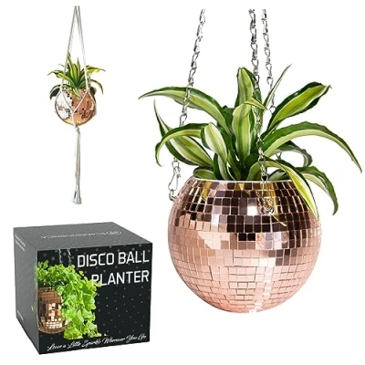 Image of SCANDINORDICA Disco Ball Planter Plant Hanger, Mirror Glitter with Chain and Macrame Rope, Boho Hanging Decor 15 cm (6“) Rose Gold