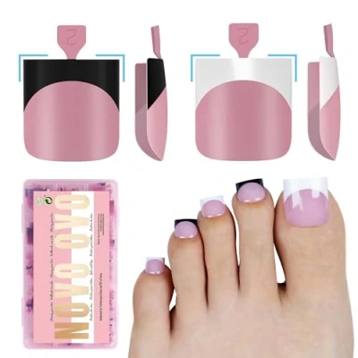 Image of Black and White Mix Color French Tip Toe Nail Tips Press on, Sharp Square Pre Designed Soft Gel False Toenail Extension, Long/Medium Wide Fake Toenails, Full Cover Acrylic for DIY 15 Sizes 240 pcs