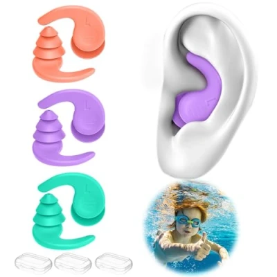 Image of suzmei Swimming Ear Plugs, 3 Pairs Waterproof Reusable Silicone Swim Earplugs for Surfing Snorkeling and Other Water Sports (Orange + Pink Green 1)