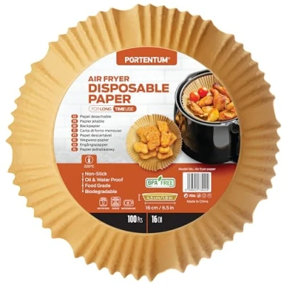 Image of PORTENTUM Air Fryer Liners 100 Count Food Grade BPA Free 6.3 inch Round Paper for Oil Fryers Ideal Healthy Cooking