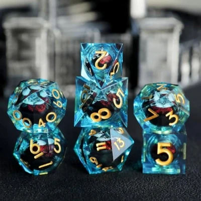 Image of DND Dice Set Floating Skeleton Pupil Skull Eyeball 7 Piece Handmade Polyhedral D&amp;D Resin Sharp Edge for Dungeons and Dragons RPG Role Playing Antique Halloween with Gift Box