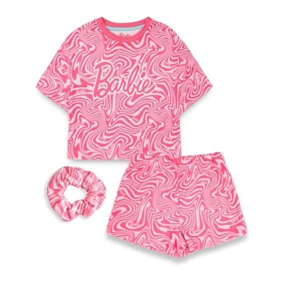 Image of Barbie Girls Pyjama Set Childrens Wavy All Over Print Pink Short Sleeve Top &amp; Shorts Graphic PJs Bundle with Scrunchie Doll Apparel Complete Matching Nightwear Merchandise Gift for Kids
