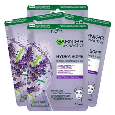Image of Garnier SkinActive Hydra Bomb Super Moisturizing Sheet Face Mask with Relaxing Effect Vegan Formula Lavender and Hyaluronic Acid Action for Stressed Skin 4 Disposable Masks