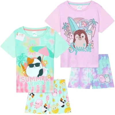Image of Get Trend Squishmallows PJs Girls 2 Pack Short Sleeve Pyjamas Set Teens Lounge Sets Tie Dye Soft Sleepwear Gifts for (7 8 Years, Multi Squishmallows, 2)