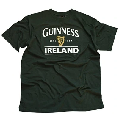 Image of Guinness Bottle Green T Shirt with Ireland EST. 1759 Gold Harp Design, Green, L