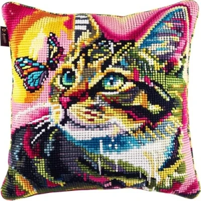 Image of Lfynior Cross Stitch Pillow Kit Cat Tapestry Cushion 45X45cm Needlepoint Craft Set pre Printed Handmade Cover Stitched Decorative for Adults Beginners