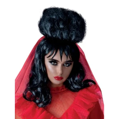 Image of Smiffys Beetlejuice Lydia Wig for Adults Black Mid Length with Fringe Officially Licensed Warner Brothers Ideal Infamous Deetz Up Do and Matching Family Fancy Dress