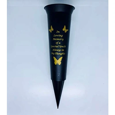 Image of In Loving Memory Verse Graveside Memorial Grave Spiked Flower Vase (Uncle, Black &amp; Gold)