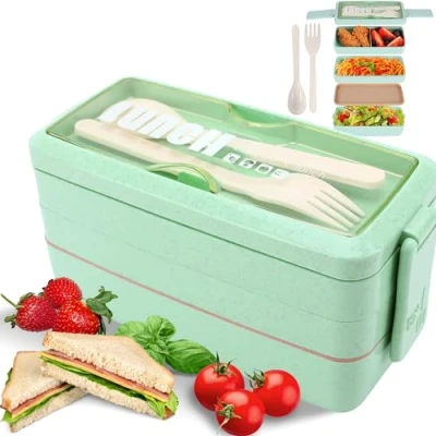 Image of Senshi Japan Bento Box 1000ml (1 Litre) 3 Layer Stackable Meal Prep Lunch Leak Proof With Spoon &amp; Fork, for Adults Kids Office Microwave Dishwasher Safe