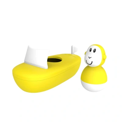Image of Matchstick Monkey, Bathtime Boat Set, Antimicrobial Baby Bath Toy, Easy To Grip, Sensory Learning Set (1 Wobbler + 1 Boat), 12 Months Old+, Yellow