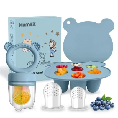 Image of MumEZ Baby Fruit Feeder Pacifier Convenient Food Set, Easy Self Feeding Journey with Dummy Feeder, Freezer Trays Included（Blue）