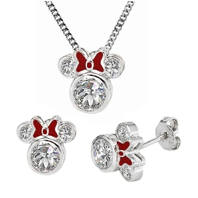 Image of Kaguyo jewellery Sets for women Sterling Silver Clear Zirconia Mickey Mouse Pendant Necklace with Red Enamel Bow Minnie stud Earrings and Girls Birthday Gift