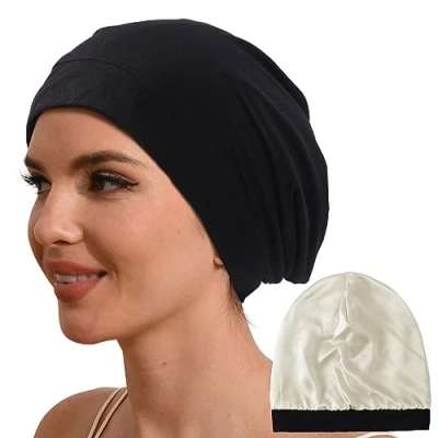 Image of Hat Hut 100% Mulberry Silk Lined Sleep Cap Pure Bonnet for Curly Hair Wrap Sleeping Slouchy Beanie (Black)